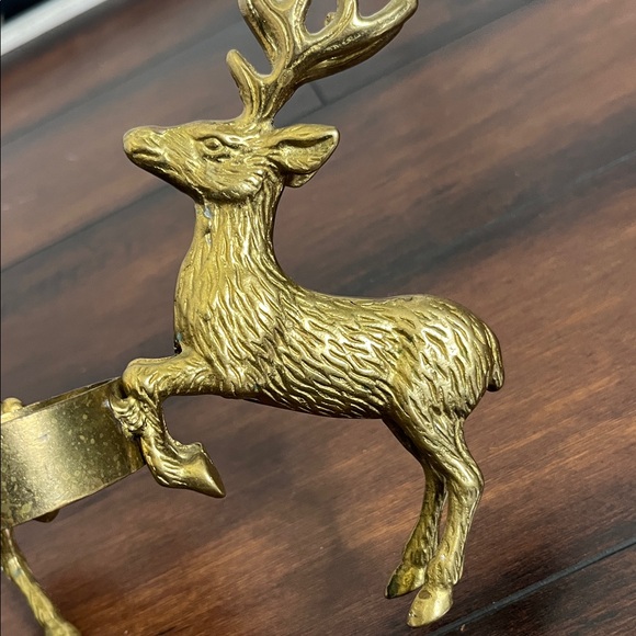 Vintage Mid Century Brass 3 Reindeer Pillar Candle Holder - Picture 4 of 12